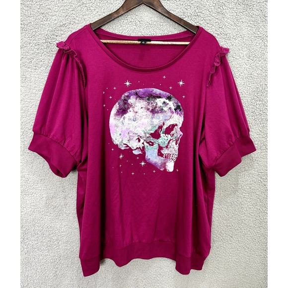 Torrid Graphic Top 4 Purple Skull Print Whimsigoth Ruffle Sleeve Witchy Goth‎ - Picture 1 of 9